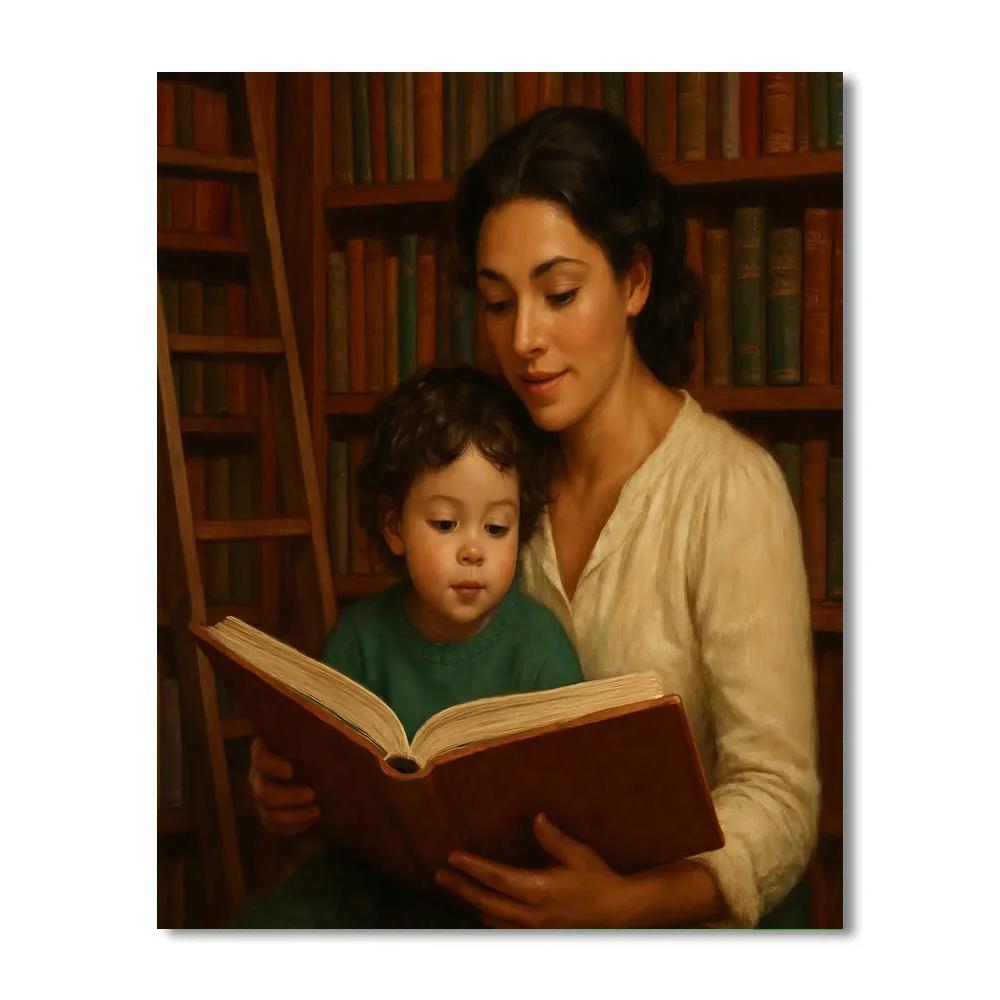 Mother And Child Exploring A Library painting number kit