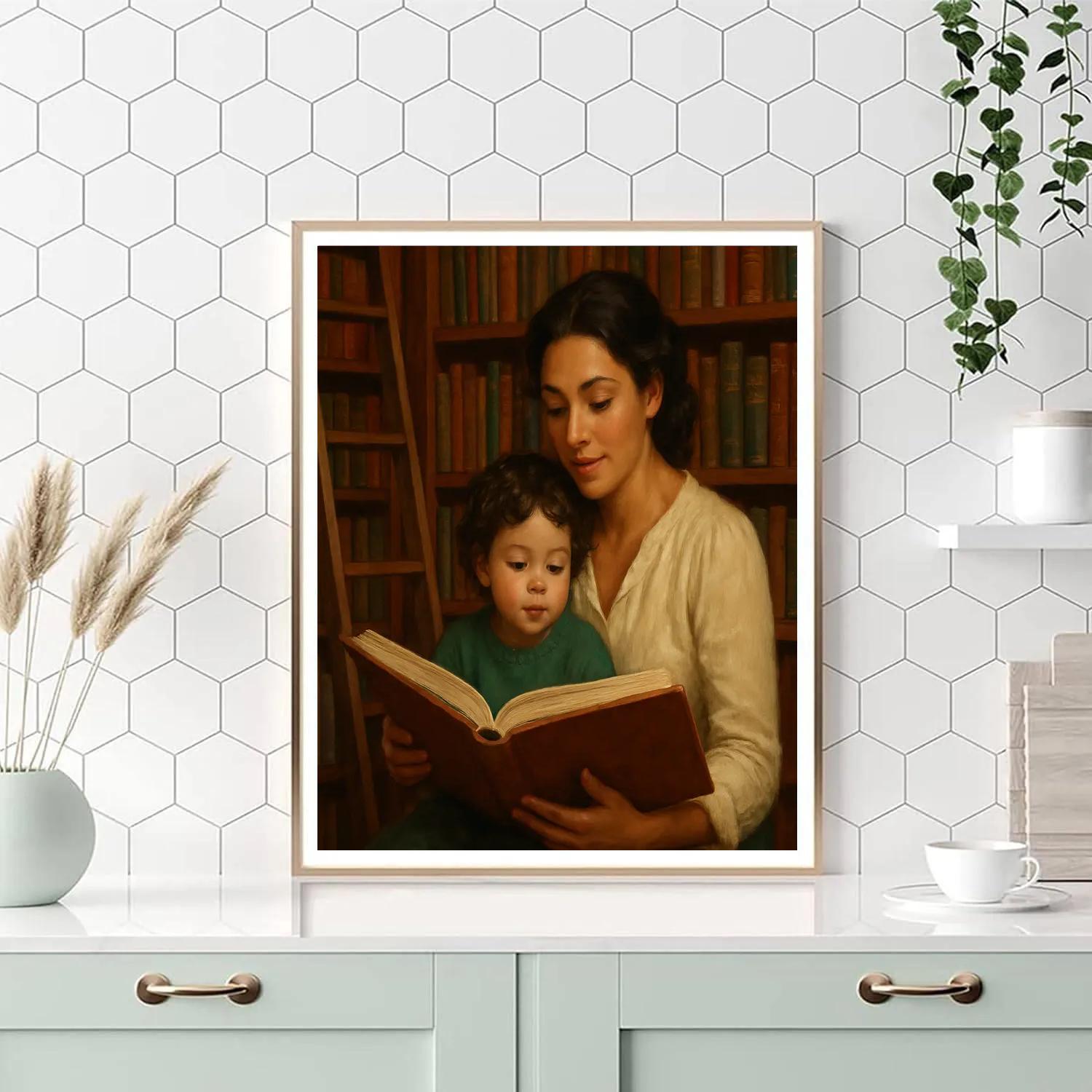 Mother And Child Exploring A Library painting number kit