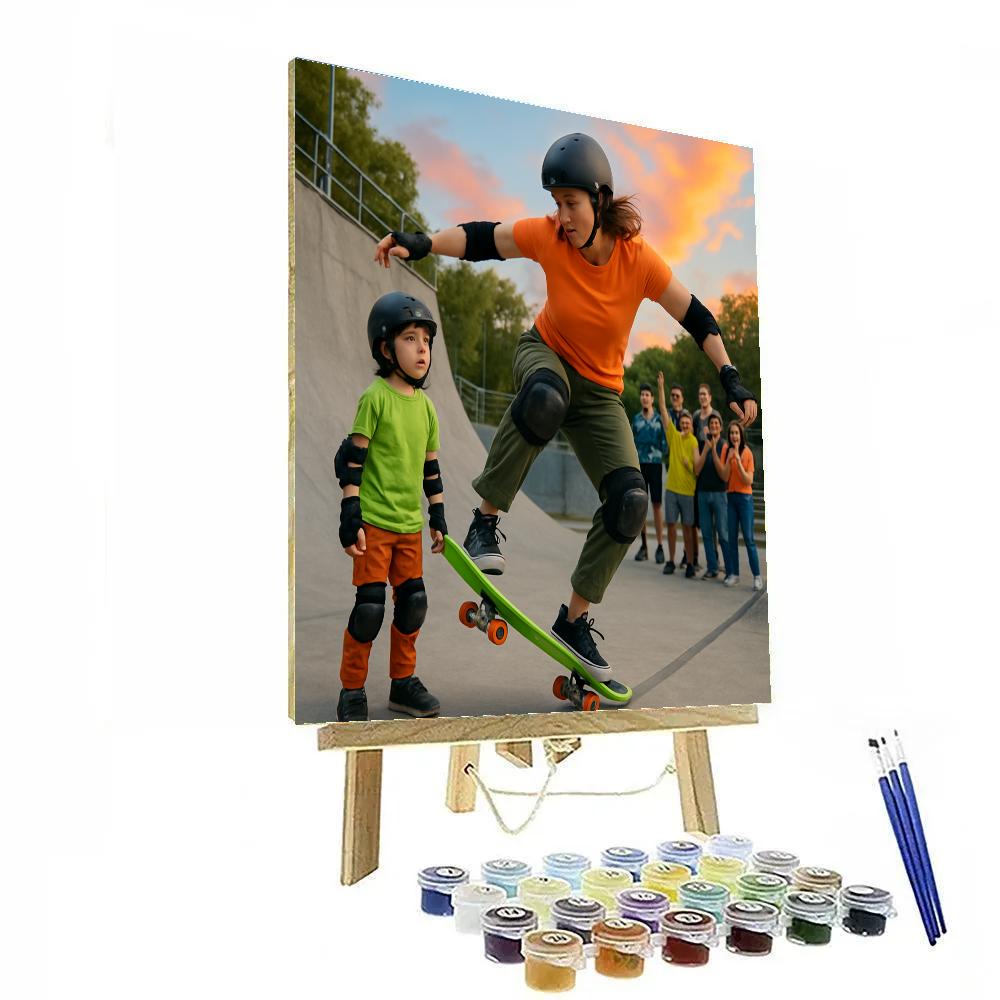 Mom Teaching Skateboarding Tricks paint by number