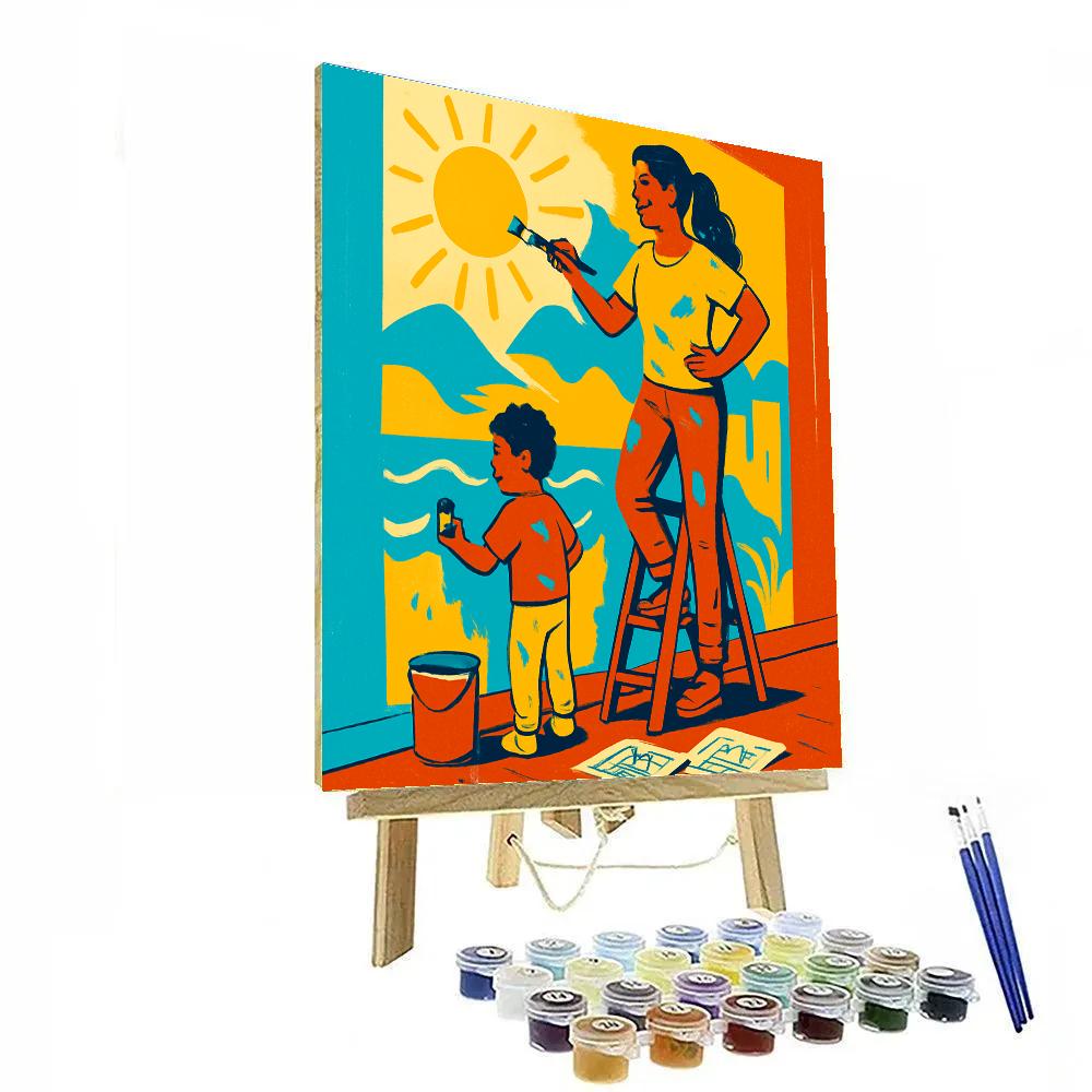 Mom And Child Painting A Mural Indoors paint by color
