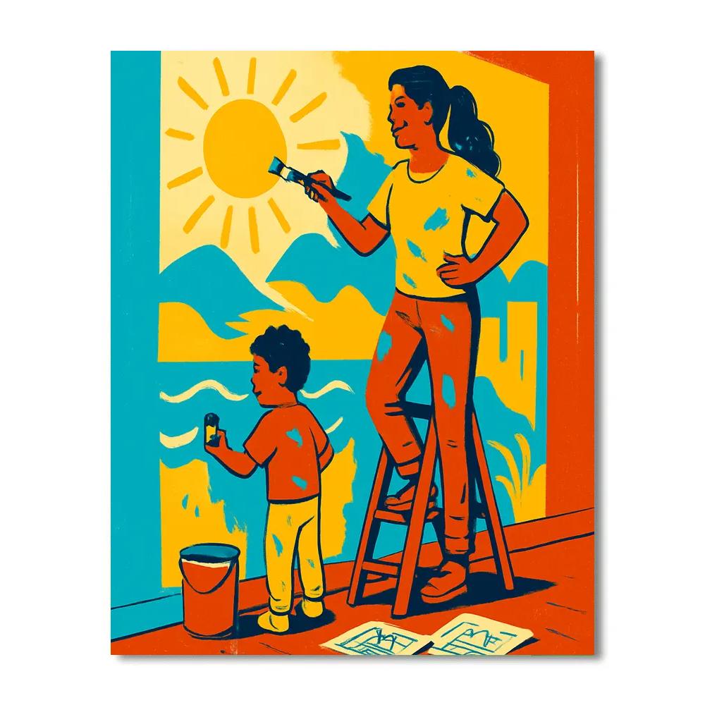Mom And Child Painting A Mural Indoors paint by color