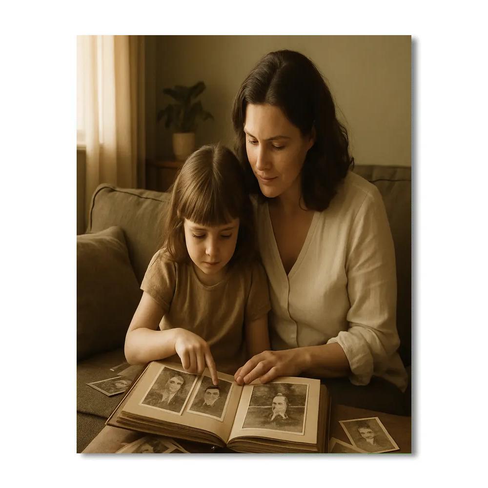 Mom And Child Looking At Old Photo Albums paint by color