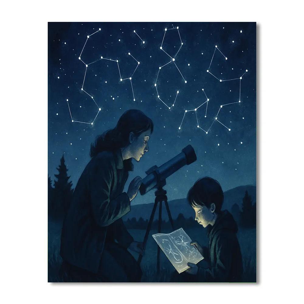 Mom And Child Stargazing With Telescope Numbered painting kits