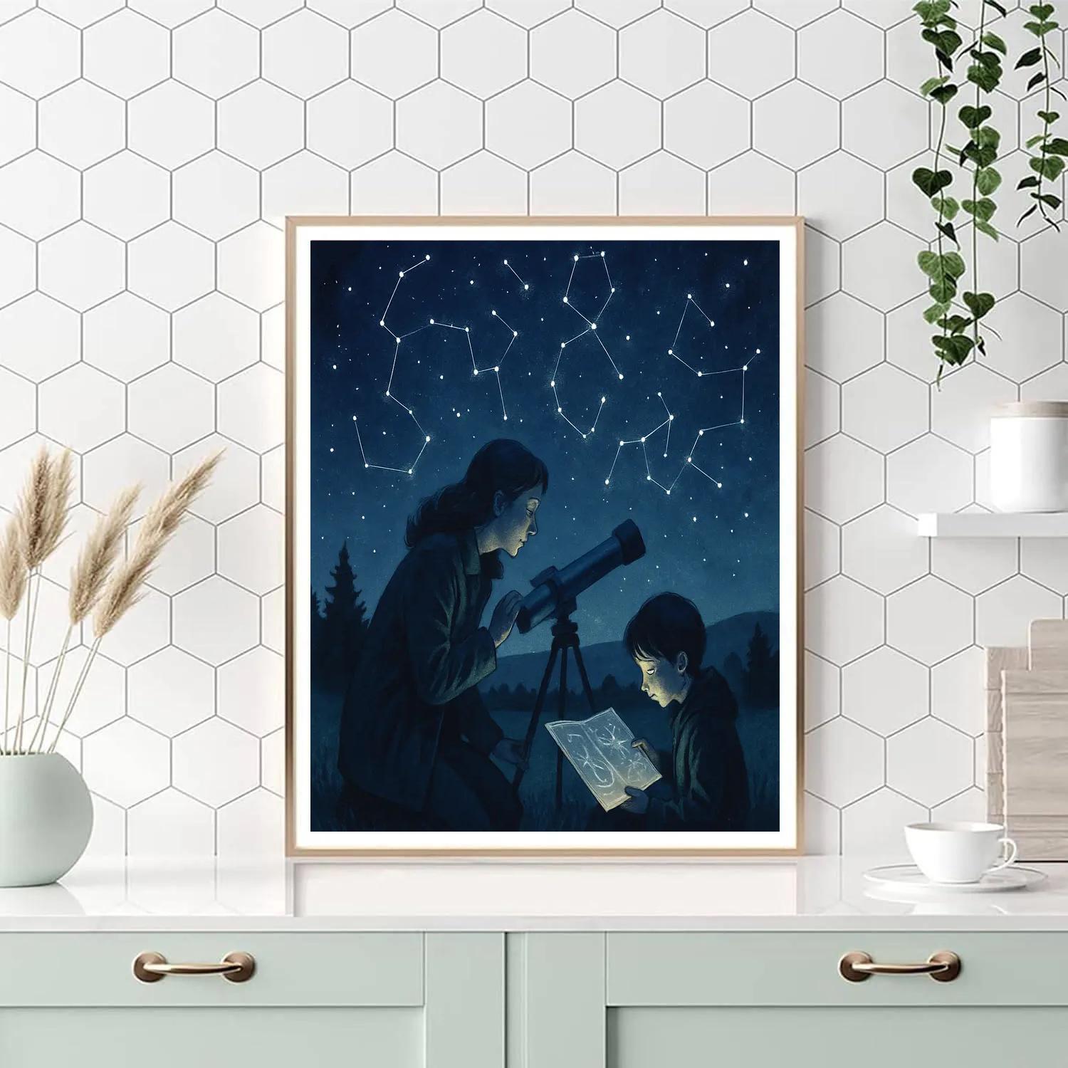 Mom And Child Stargazing With Telescope Numbered painting kits