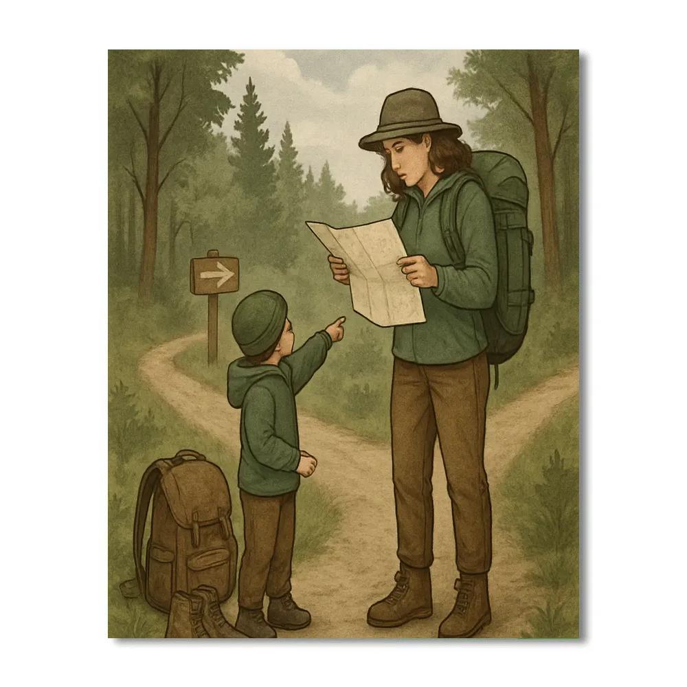 Mom Reading A Map On A Hike paint by color
