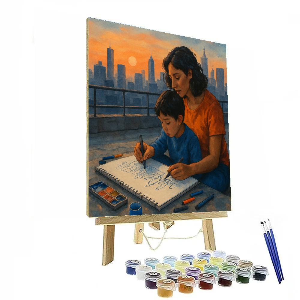Mother And Child Sketching City Skyline Painting by numbers kit