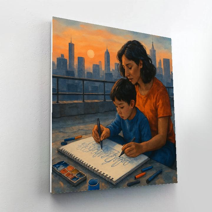 Mother And Child Sketching City Skyline Painting by numbers kit