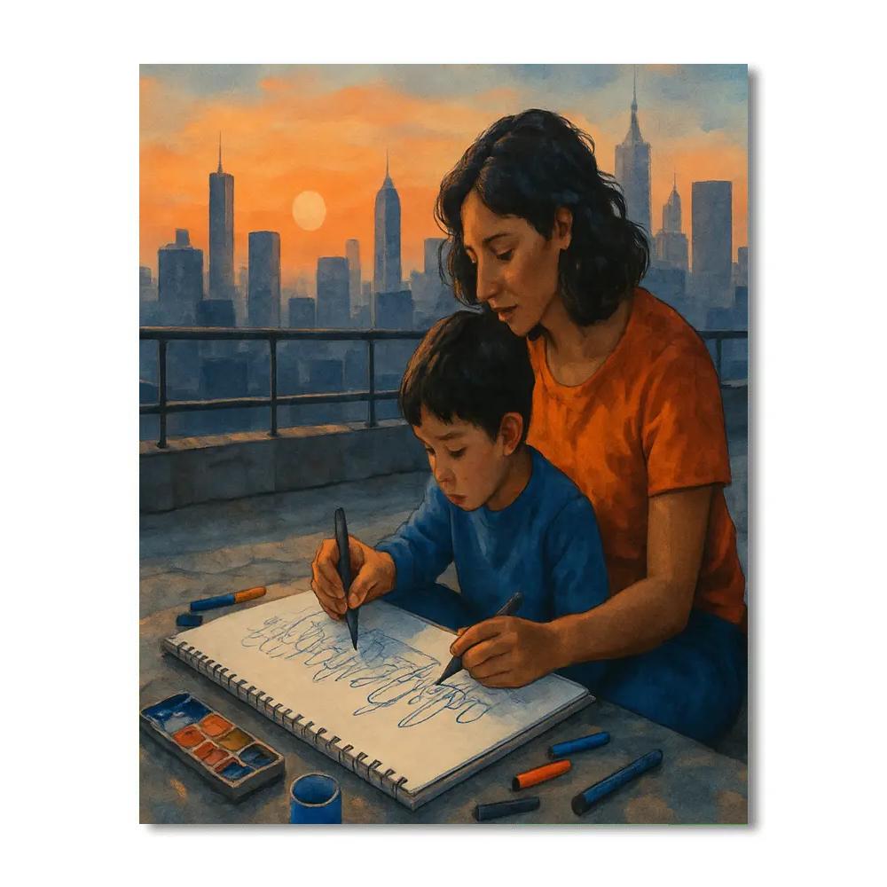 Mother And Child Sketching City Skyline Painting by numbers kit