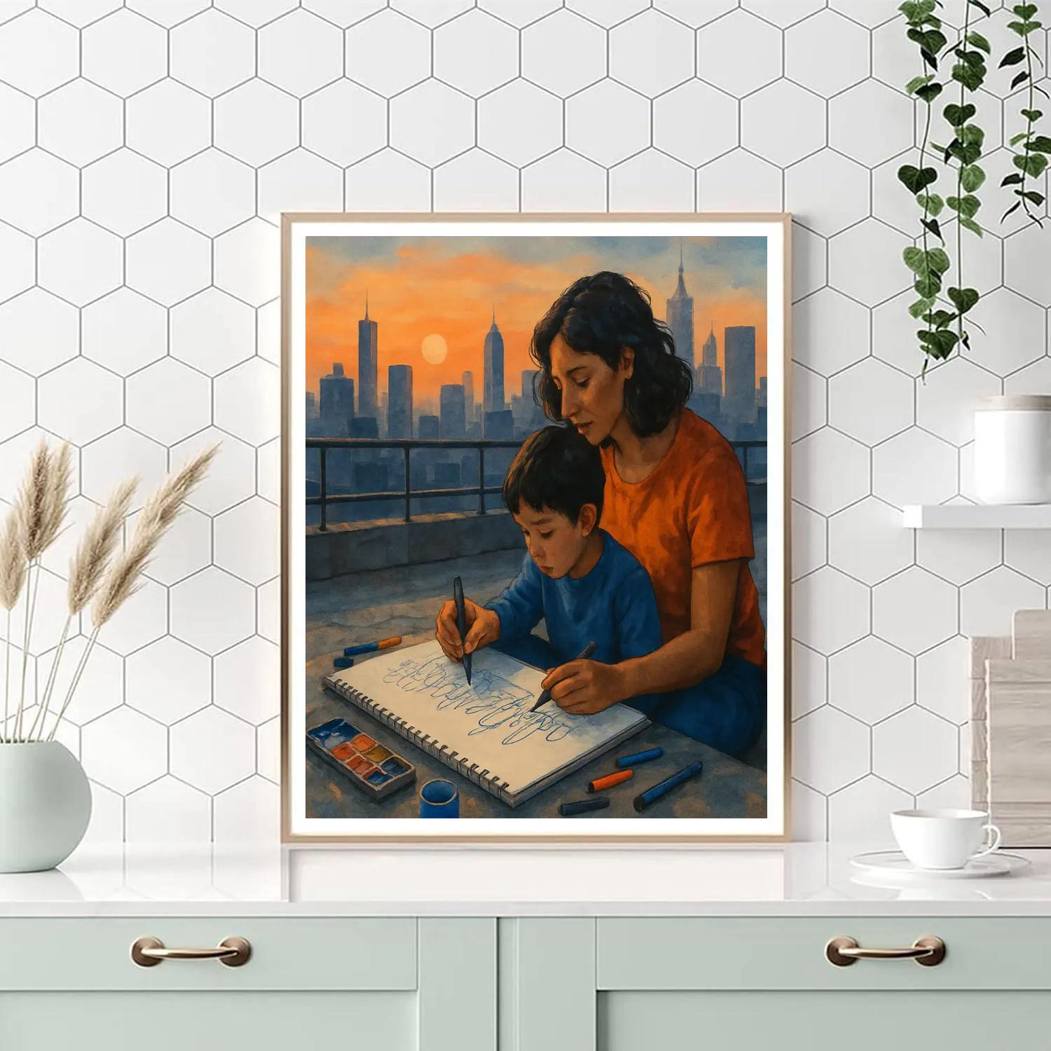 Mother And Child Sketching City Skyline Painting by numbers kit