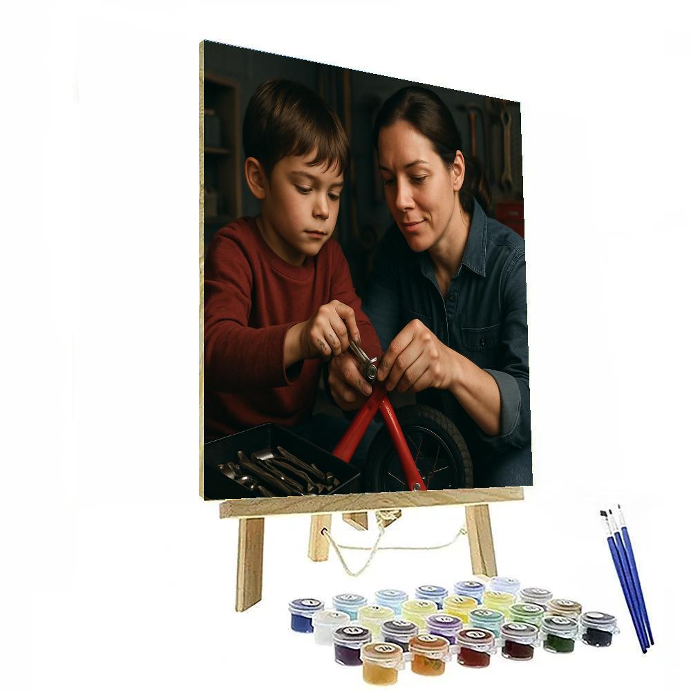 Mom And Child Repairing A Bicycle paint by color