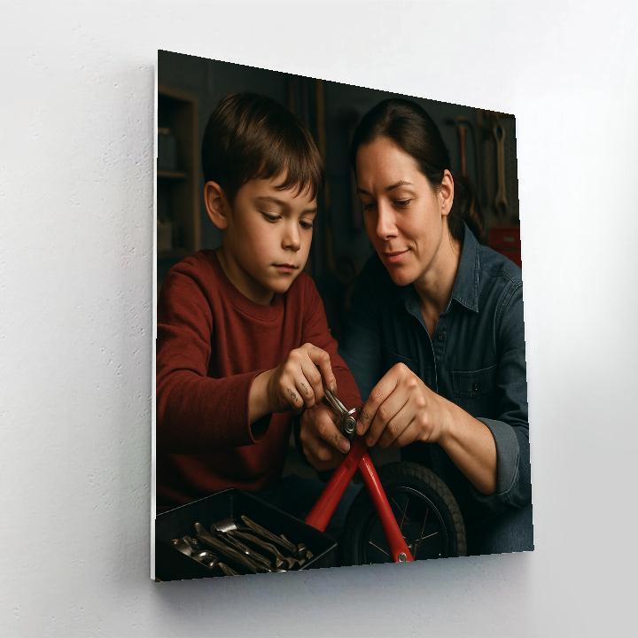 Mom And Child Repairing A Bicycle paint by color