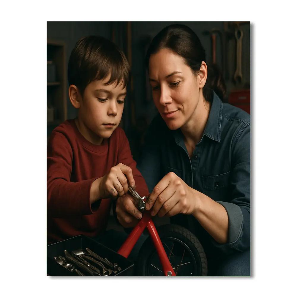 Mom And Child Repairing A Bicycle paint by color