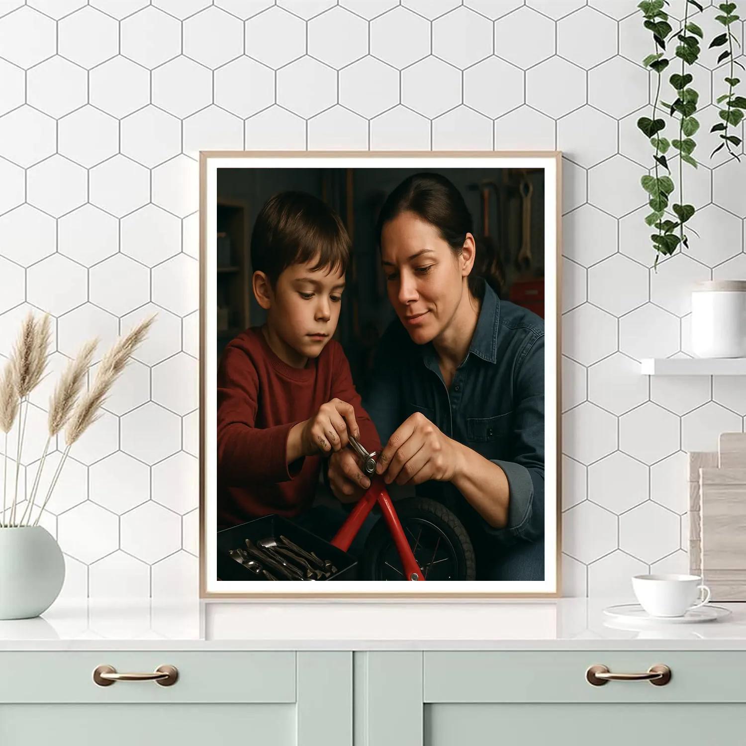 Mom And Child Repairing A Bicycle paint by color