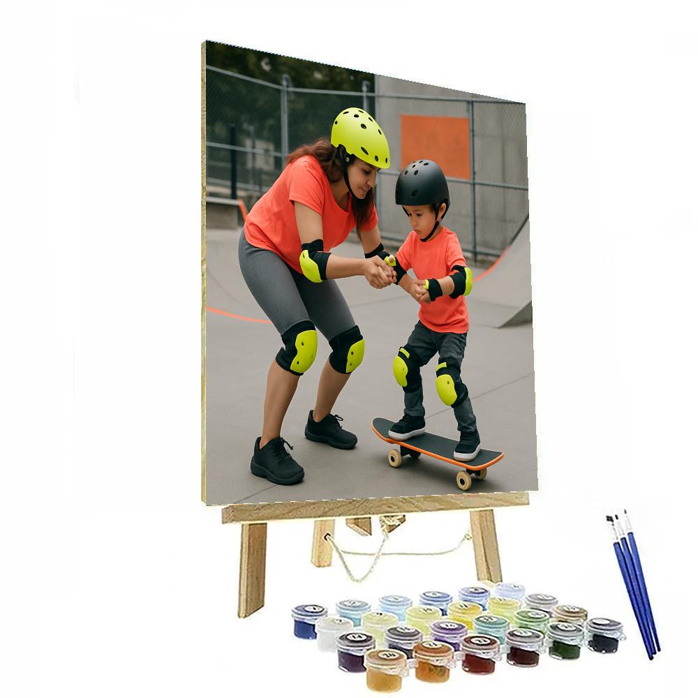 Mom And Child Learning To Skateboard Safely Paint by numbers art