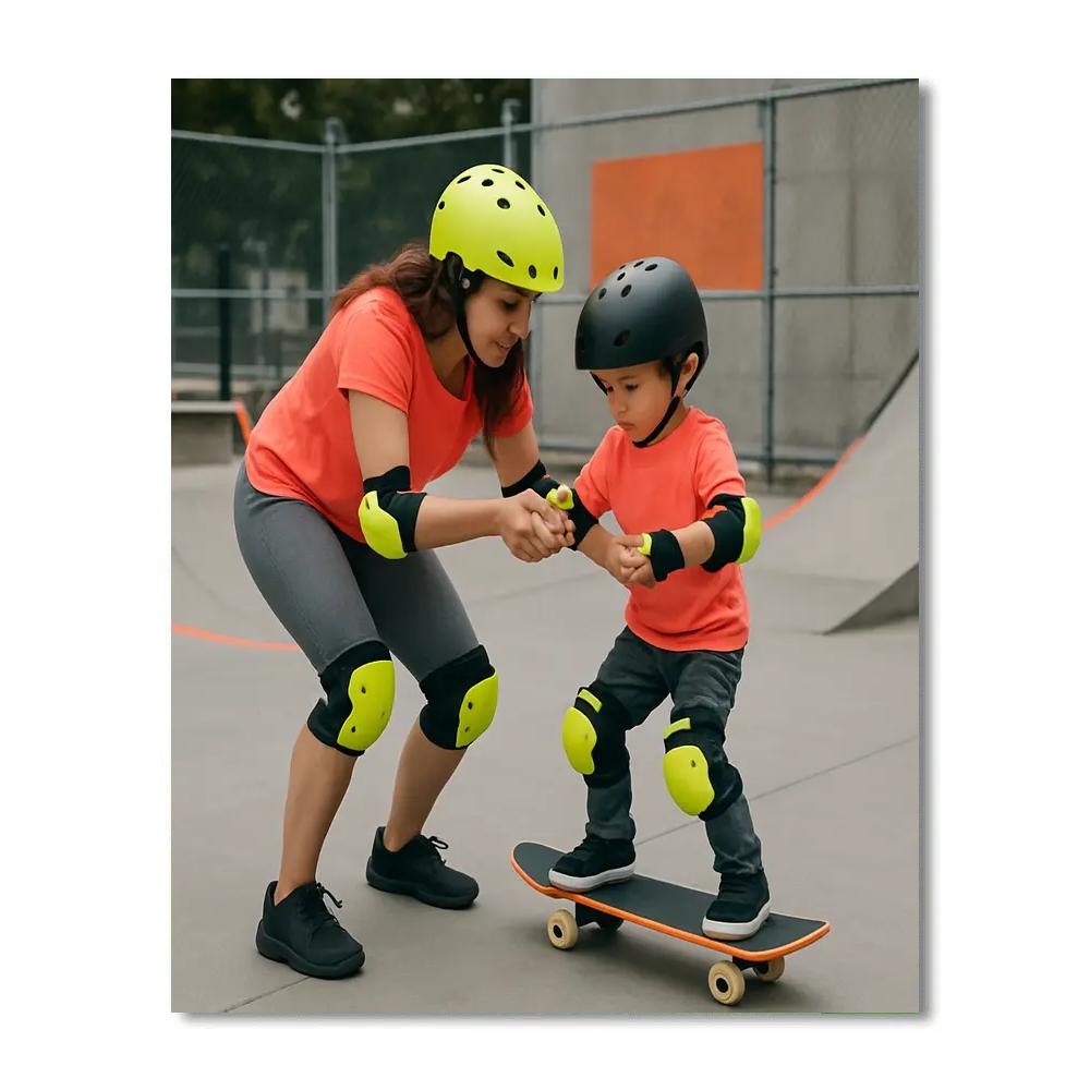 Mom And Child Learning To Skateboard Safely Paint by numbers art