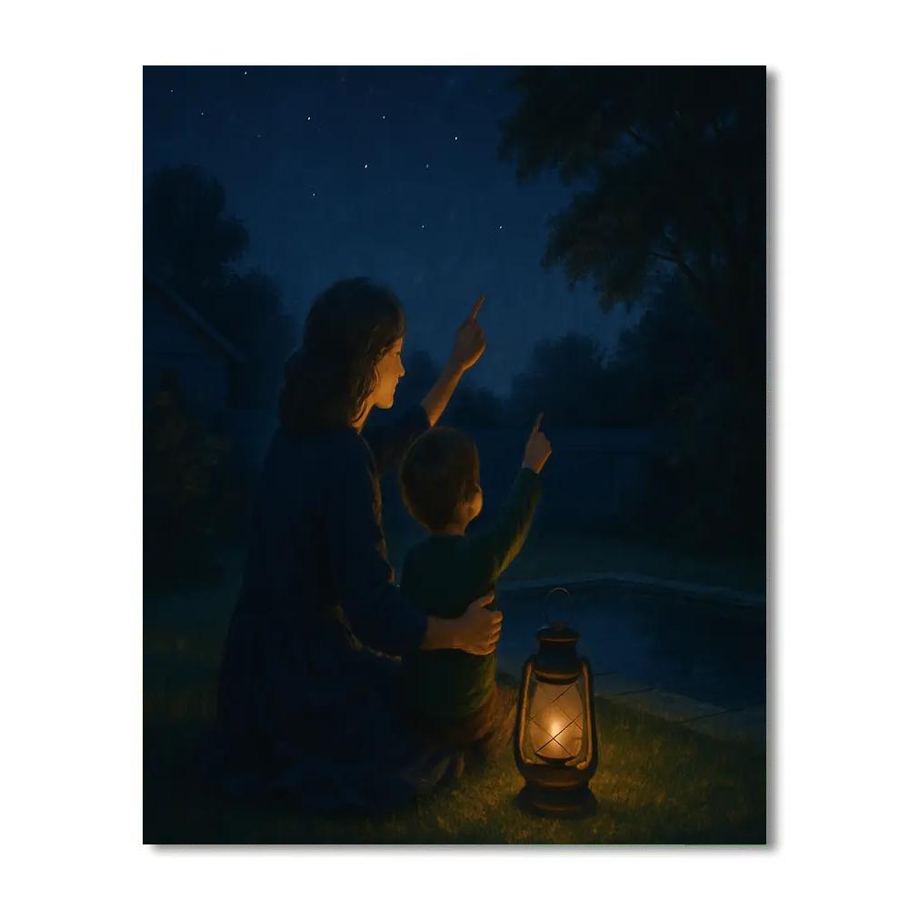 Mother And Child Stargazing With Lantern Number painting