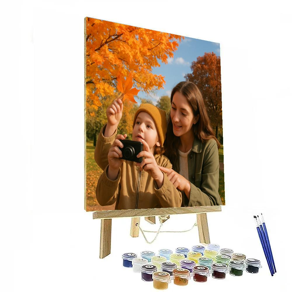 Mom And Child Photographing Autumn Trees paint by color