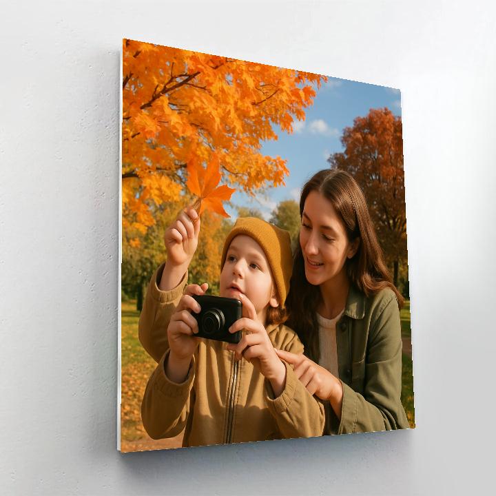 Mom And Child Photographing Autumn Trees paint by color