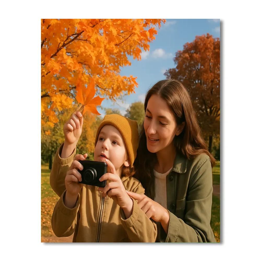 Mom And Child Photographing Autumn Trees paint by color