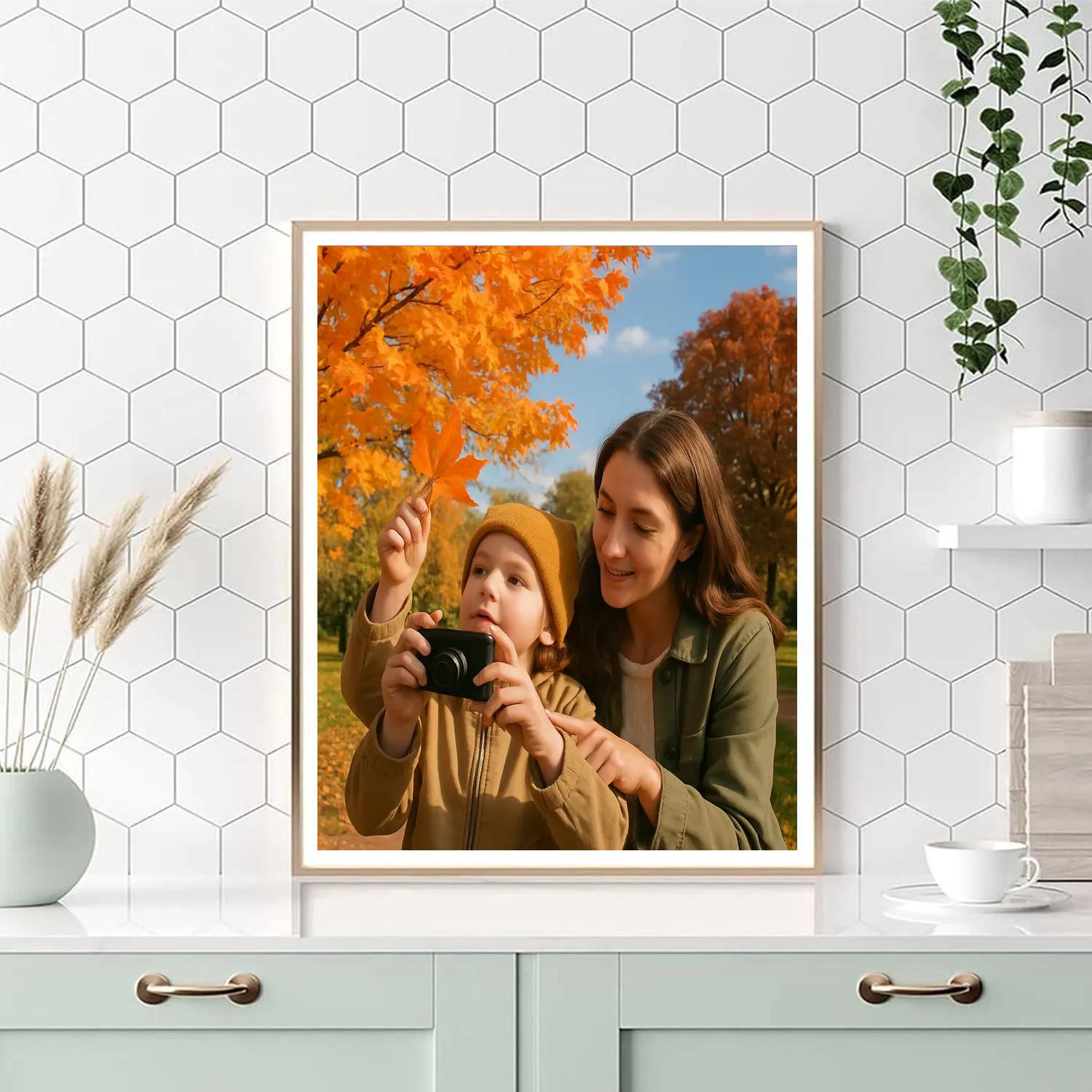 Mom And Child Photographing Autumn Trees paint by color