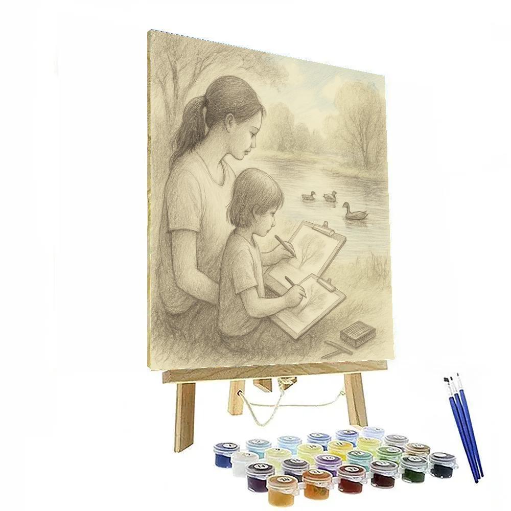 Mother And Child Sketching In Park Numbered painting kits