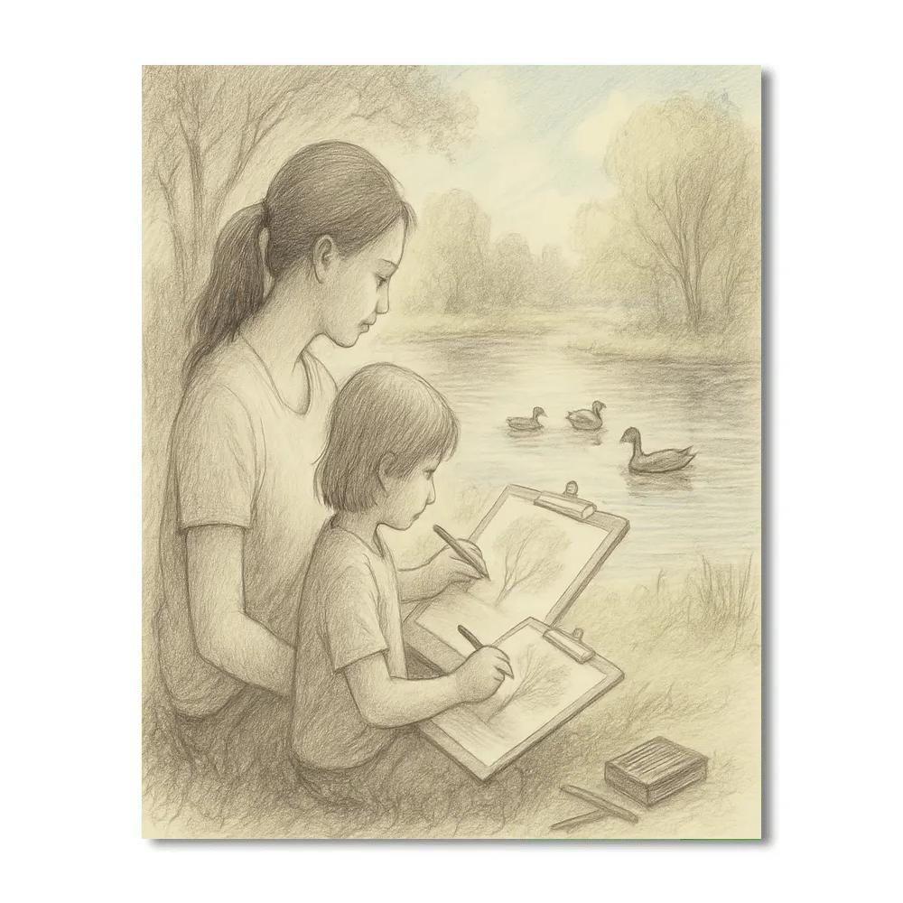 Mother And Child Sketching In Park Numbered painting kits