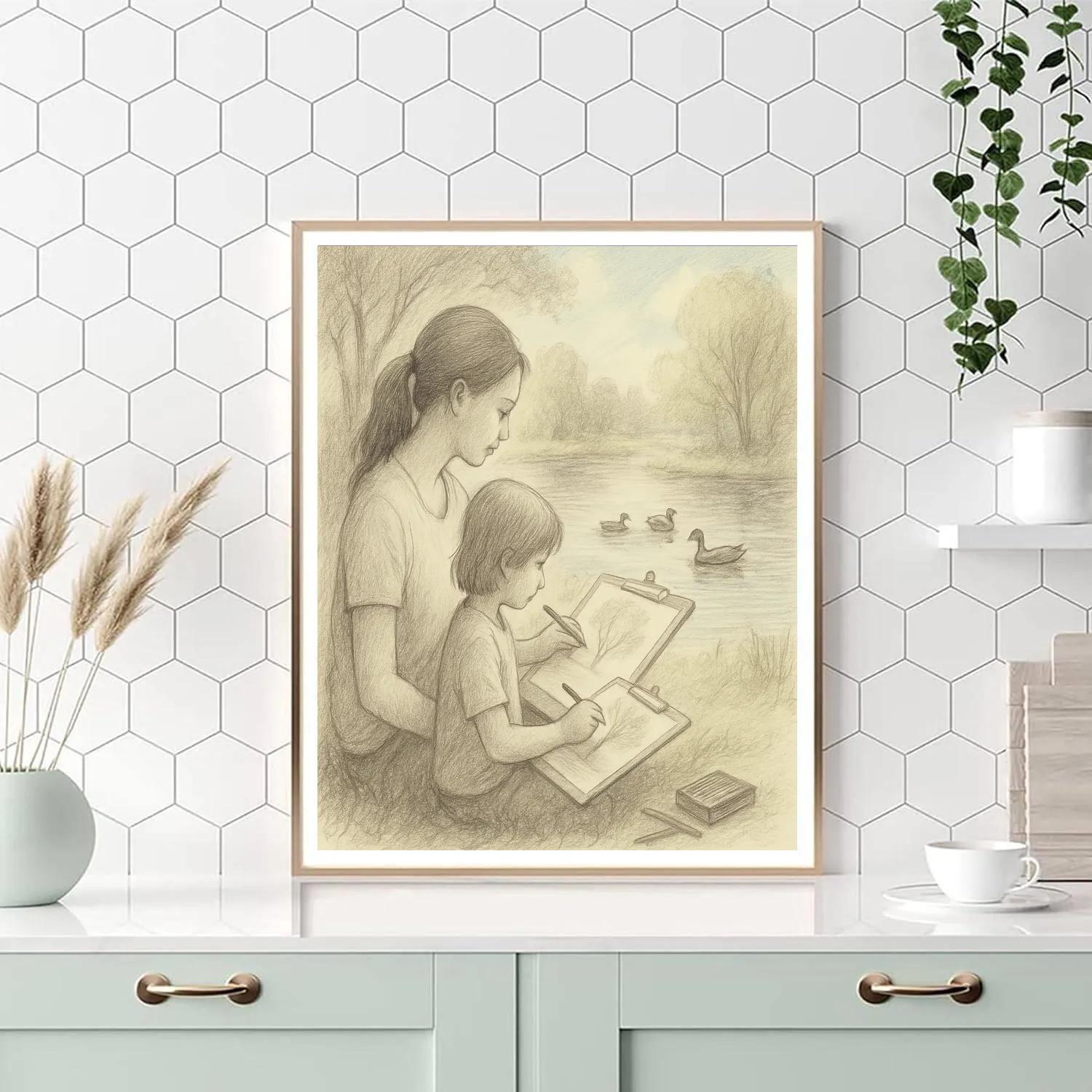 Mother And Child Sketching In Park Numbered painting kits