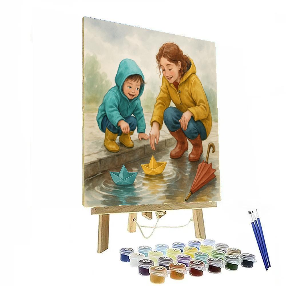 Mother And Child Making Paper Boats Numbered painting kits