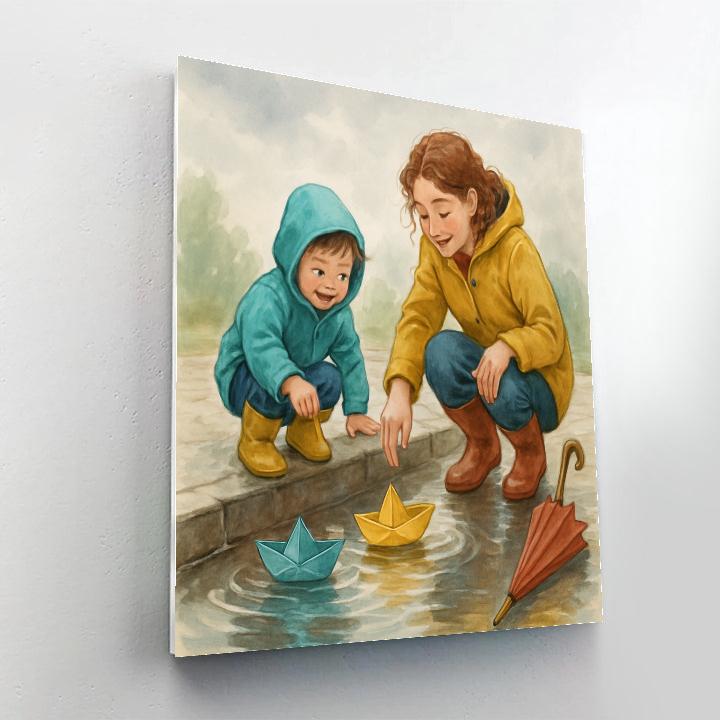 Mother And Child Making Paper Boats Numbered painting kits