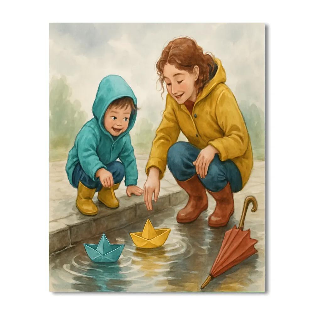 Mother And Child Making Paper Boats Numbered painting kits