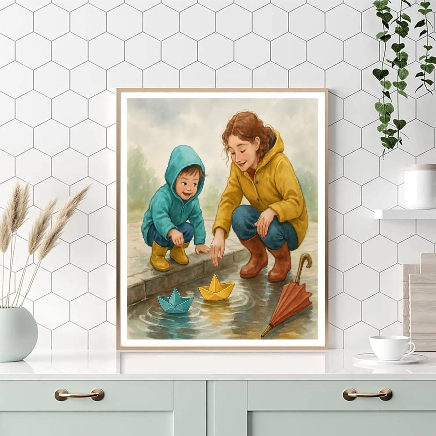 Mother And Child Making Paper Boats Numbered painting kits