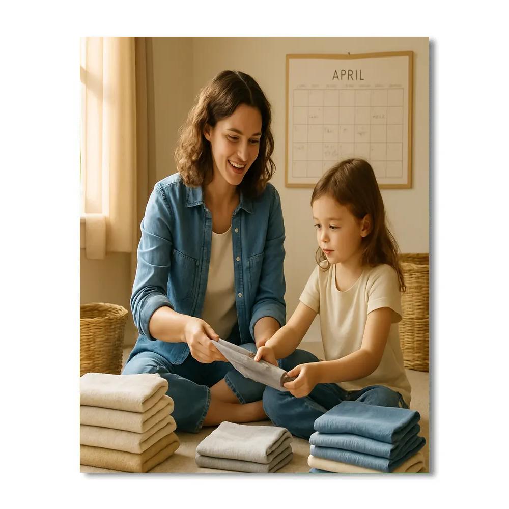 Mother Teaching Laundry Fold paint by number