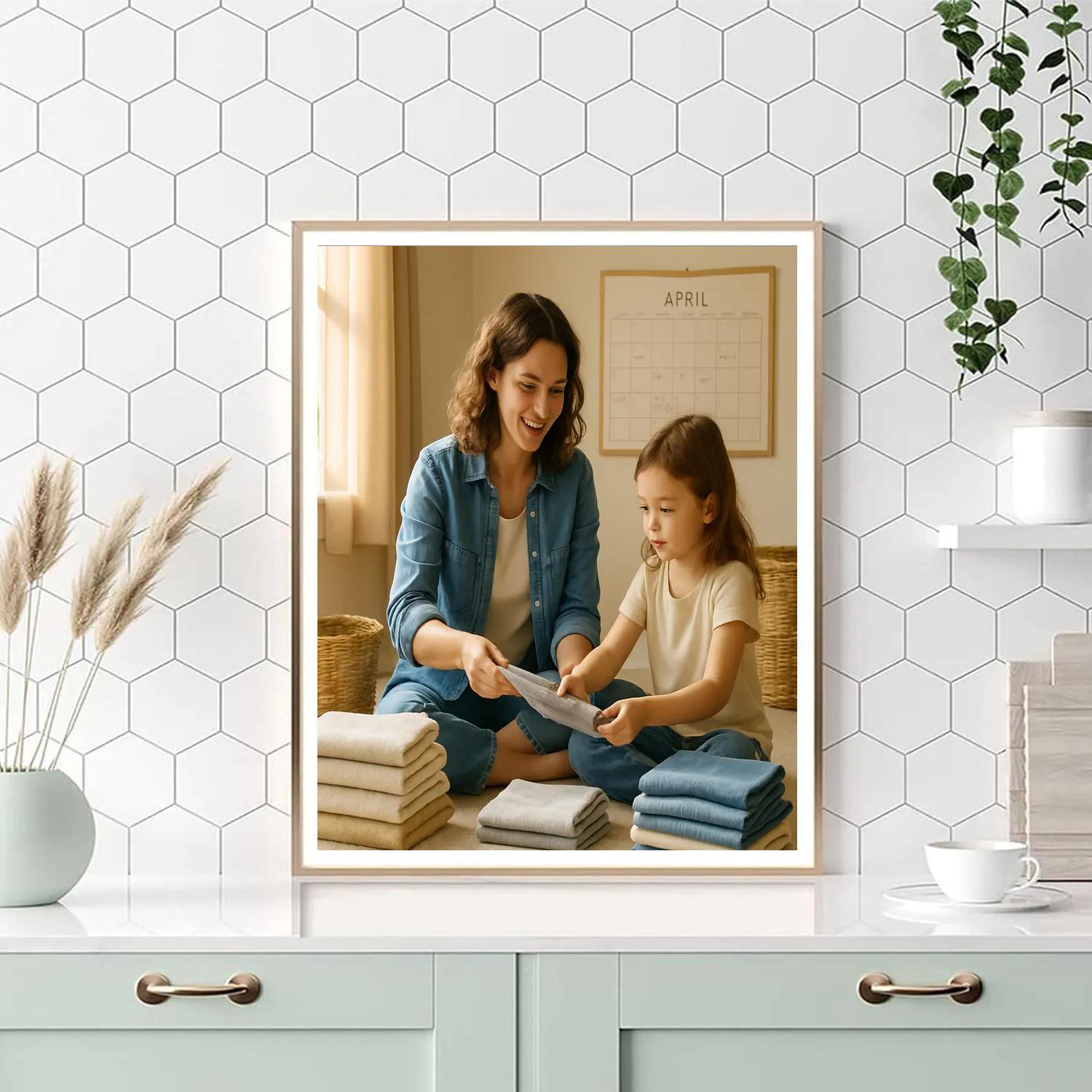 Mother Teaching Laundry Fold paint by number