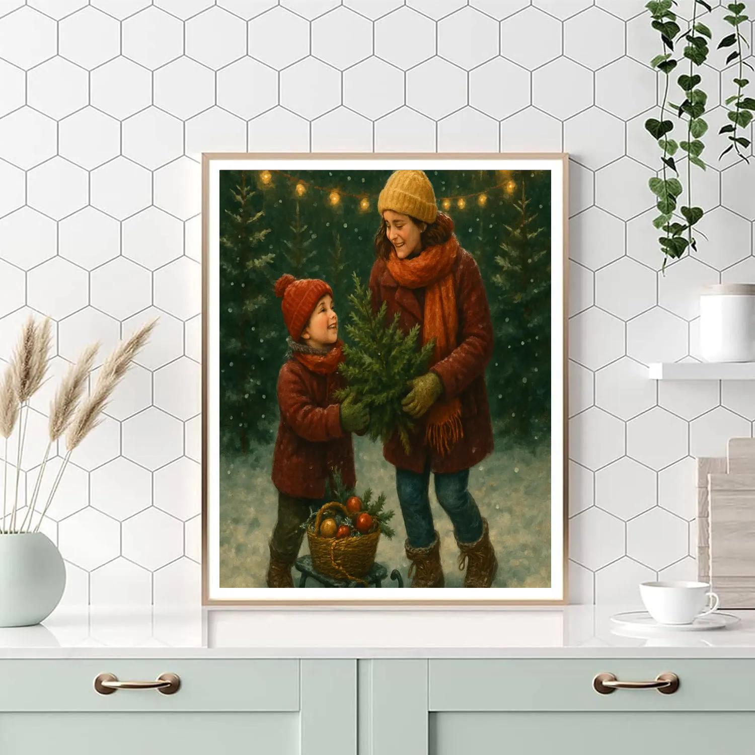 Mother And Child Planting Christmas Tree painting number kit