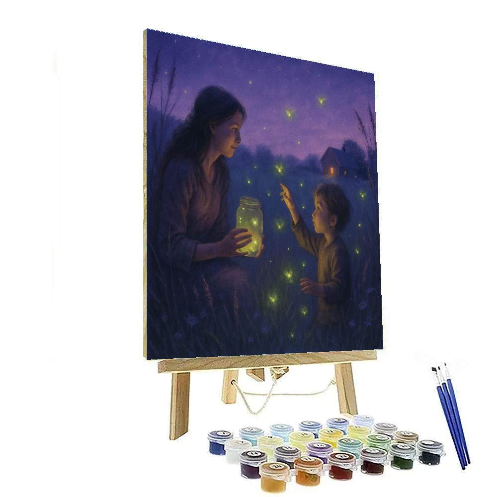 Mother And Child At Pond Catching Fireflies Painting by numbers kit