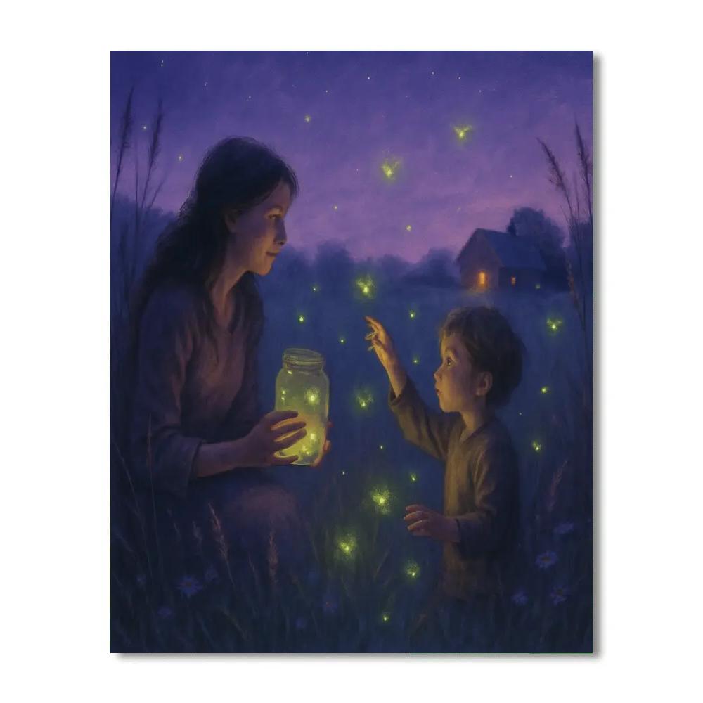 Mother And Child At Pond Catching Fireflies Painting by numbers kit