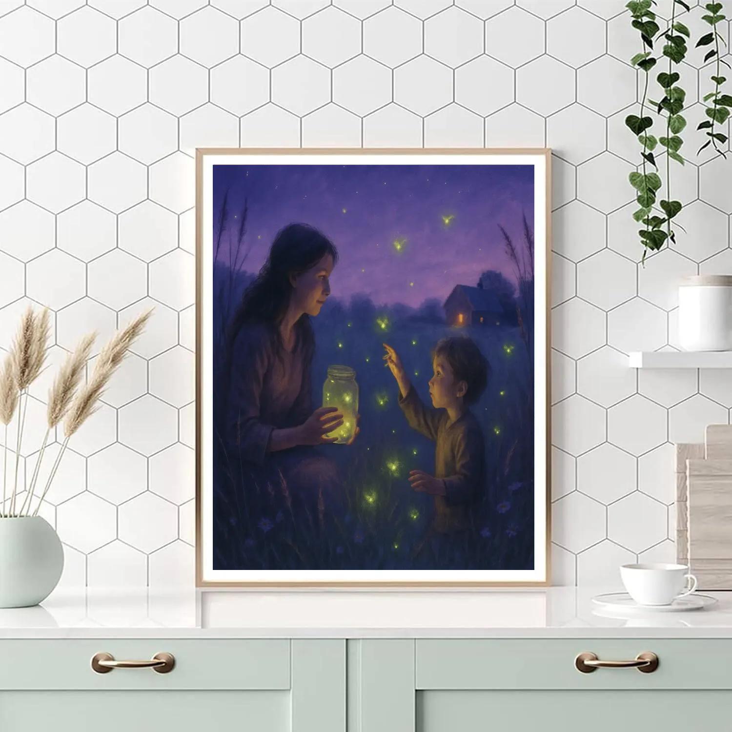 Mother And Child At Pond Catching Fireflies Painting by numbers kit