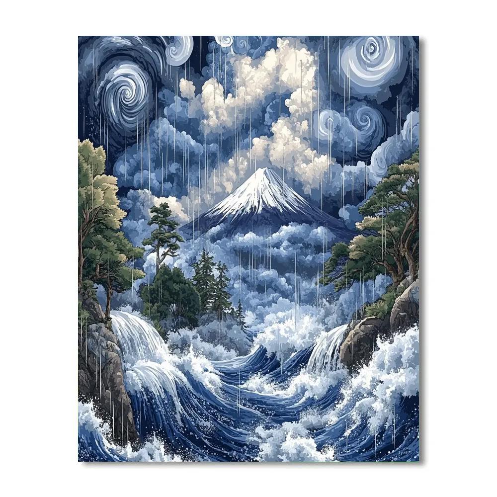Hokusai Inspired Mount Fuji Under Stormy Sky paint by numbers