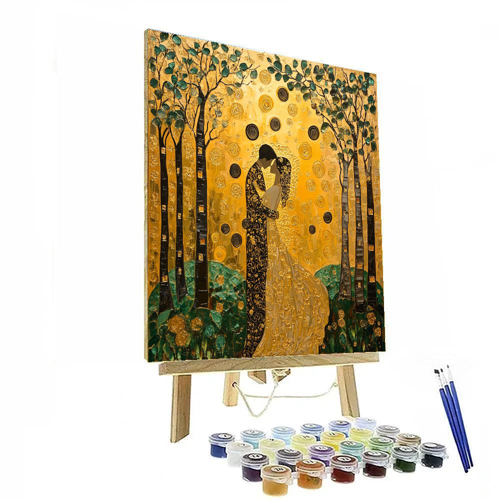 Gustav Klimt Inspired Embrace In Golden Forest paint by numbers