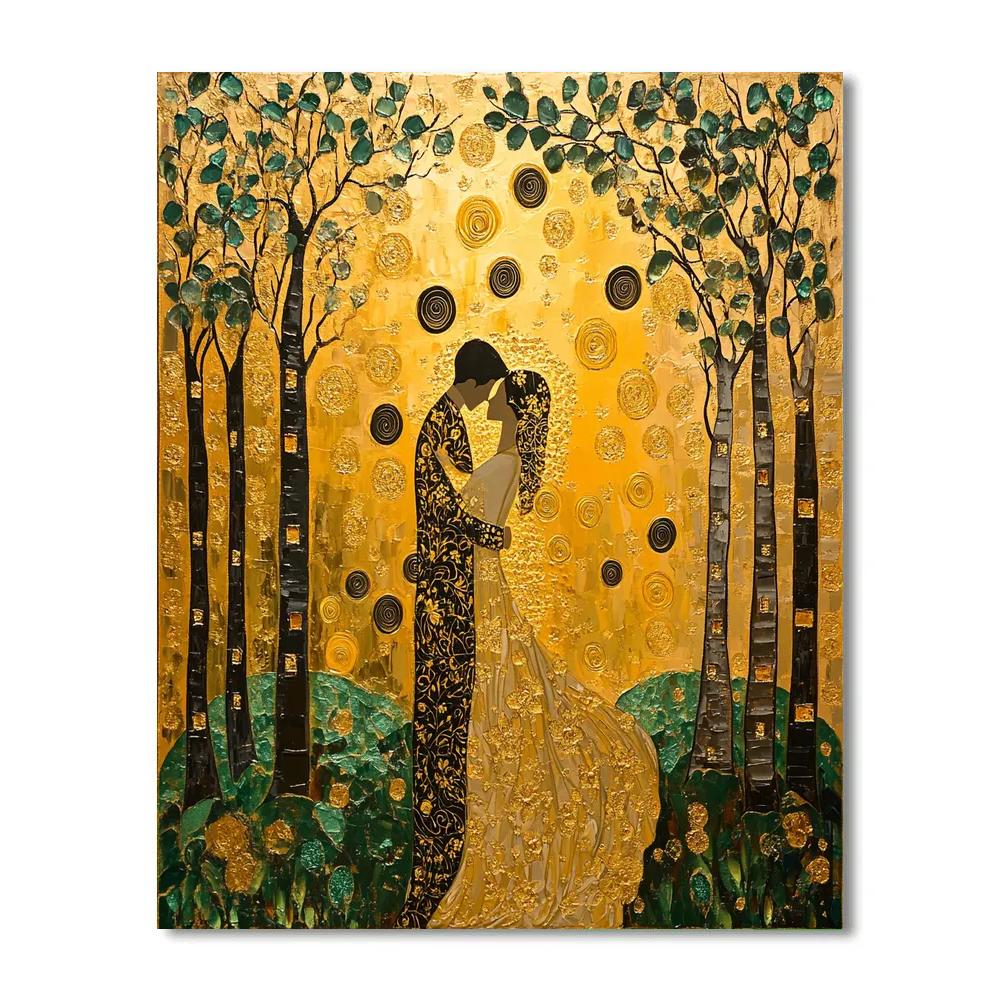 Gustav Klimt Inspired Embrace In Golden Forest paint by numbers