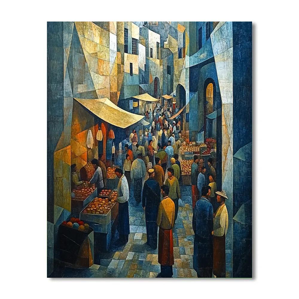 Picasso Inspired Cubist Street Market Scene Number painting