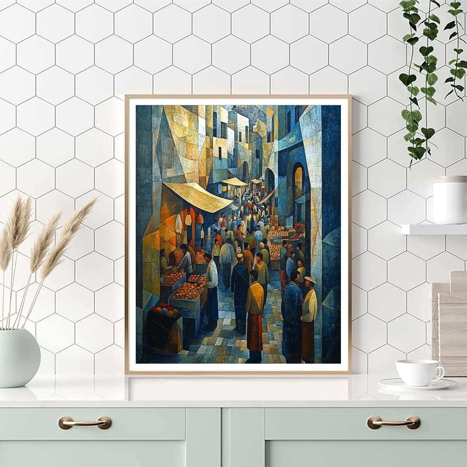 Picasso Inspired Cubist Street Market Scene Number painting