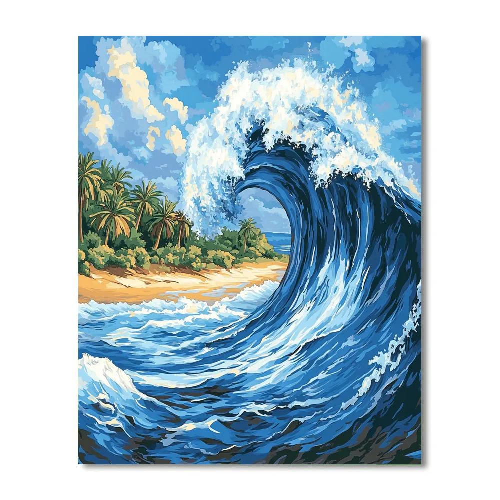 Hokusai Inspired Great Wave Above Tropical Beach DIY paint by numbers