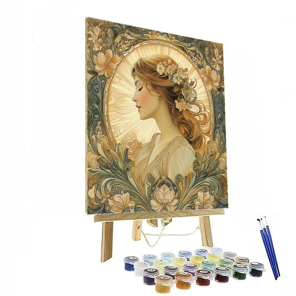 Alphonse Mucha Inspired Floral Portrait With Halo painting number kit