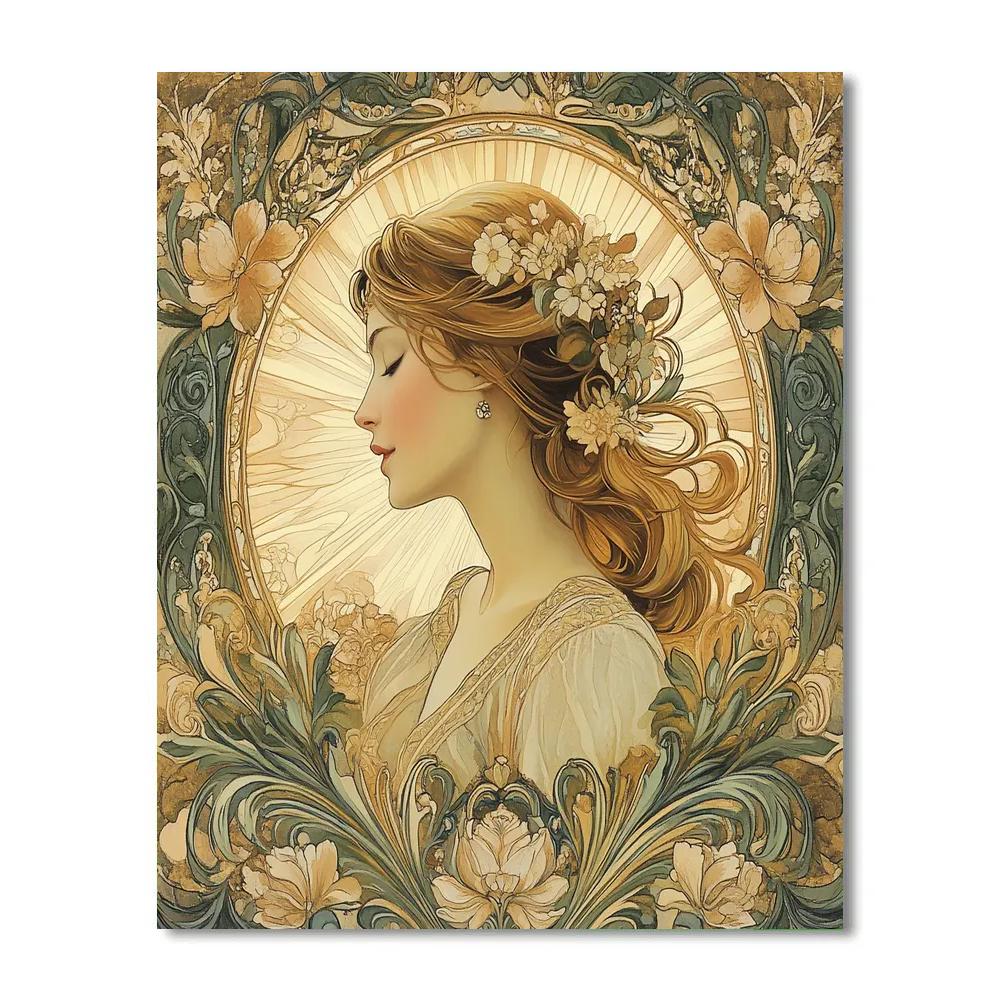 Alphonse Mucha Inspired Floral Portrait With Halo painting number kit