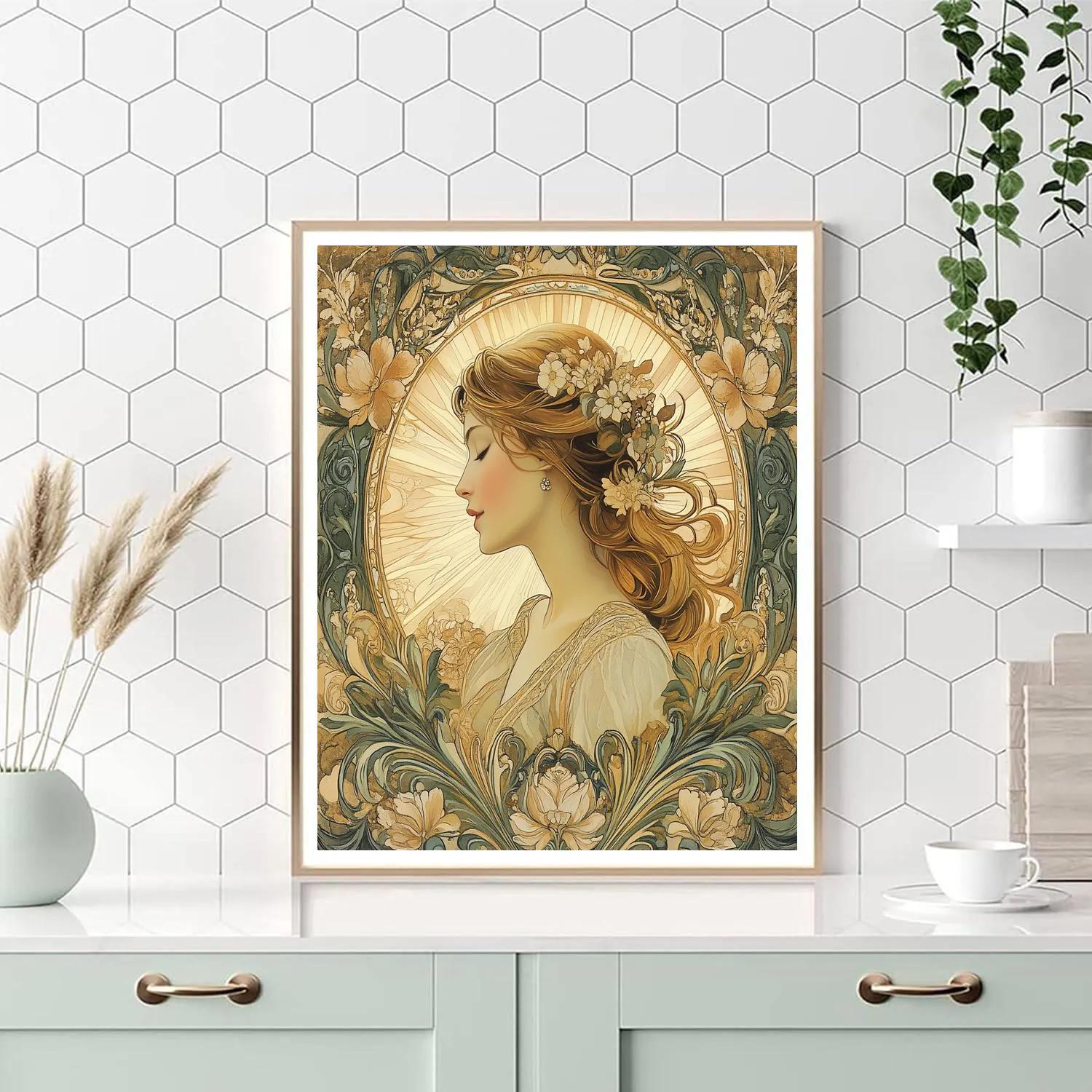 Alphonse Mucha Inspired Floral Portrait With Halo painting number kit