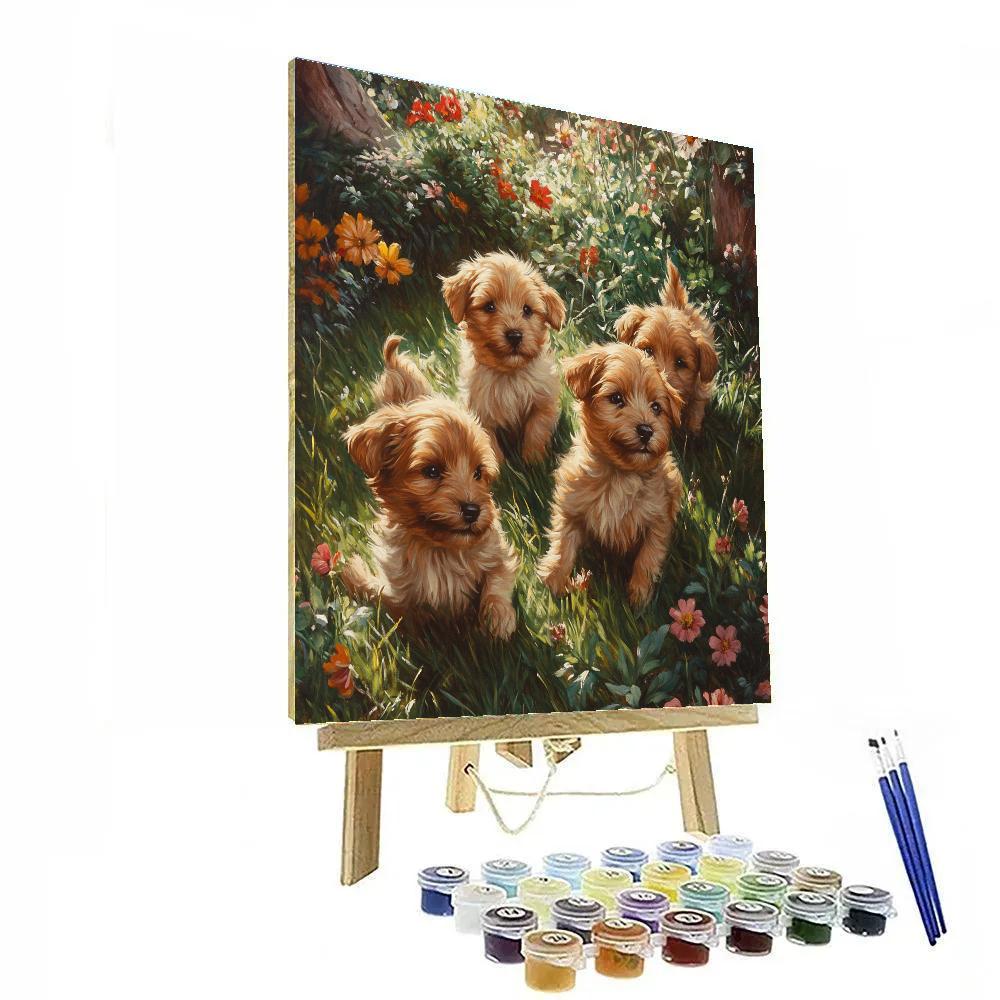 Edwin Landseer Inspired Playful Puppies In Garden Number painting