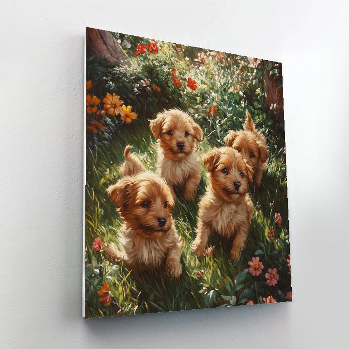 Edwin Landseer Inspired Playful Puppies In Garden Number painting
