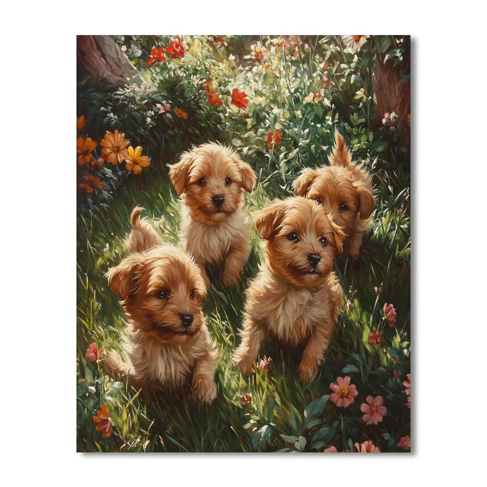Edwin Landseer Inspired Playful Puppies In Garden Number painting