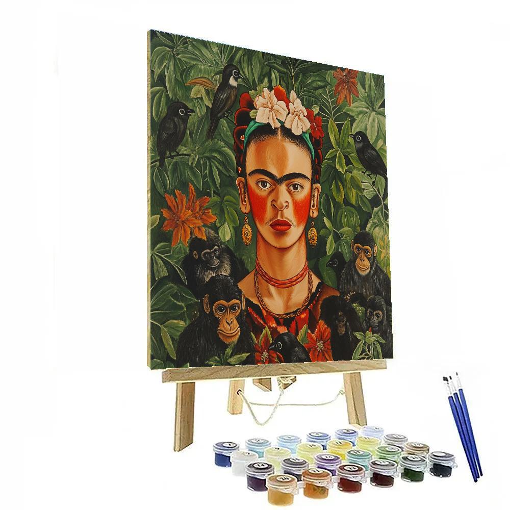 Frida Kahlo Inspired Symbolic Self-Portrait With Animals paint by color
